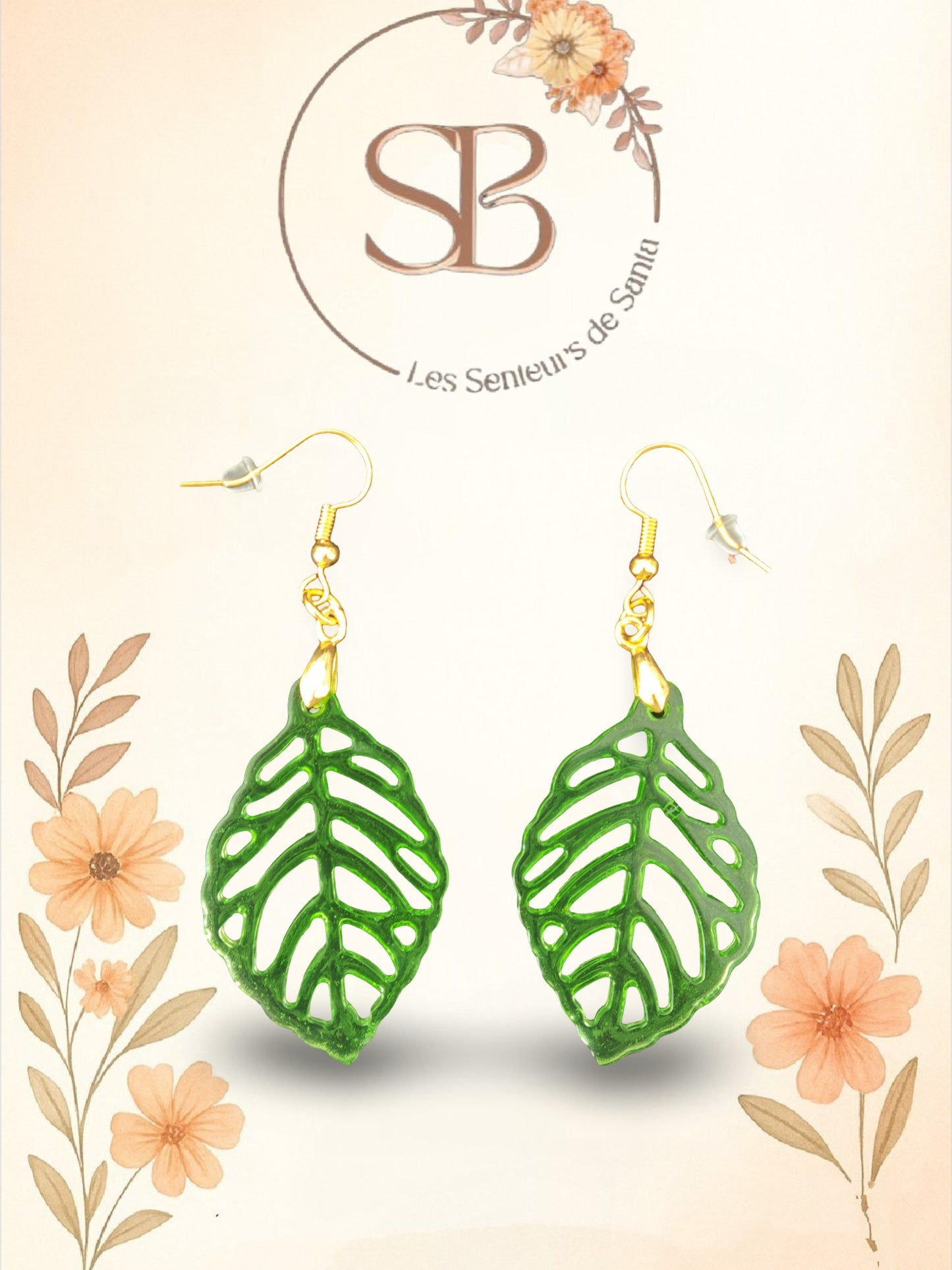 Boucles d’oreilles pendantes feuille verte