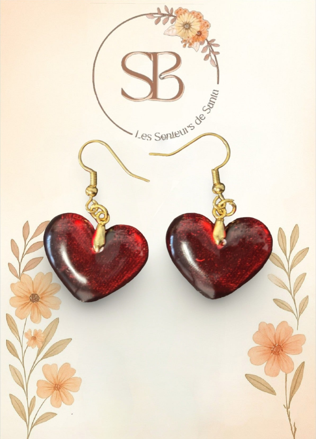 Boucles d’oreilles pendantes dorées – Cœur rouge en résine époxy