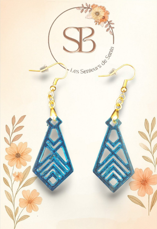 Boucles d'oreilles pendantes forme géométrique bleu