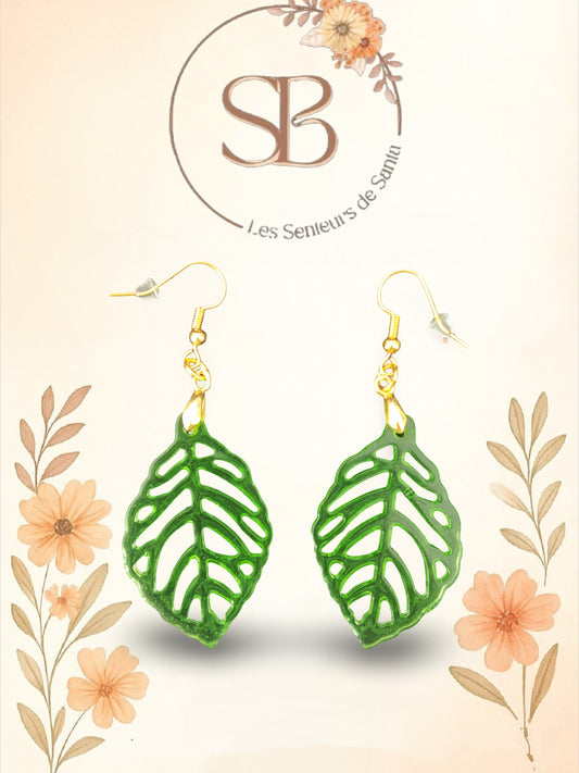 Boucles d’oreilles pendantes feuille verte