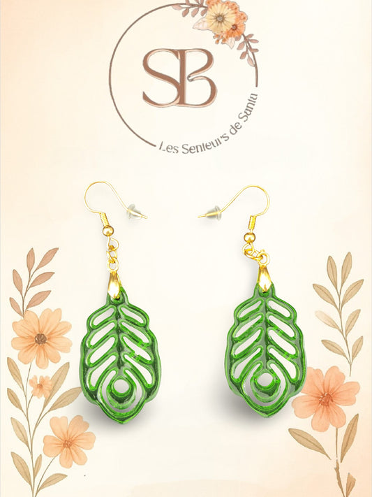 Boucles d’oreilles pendantes feuille verte