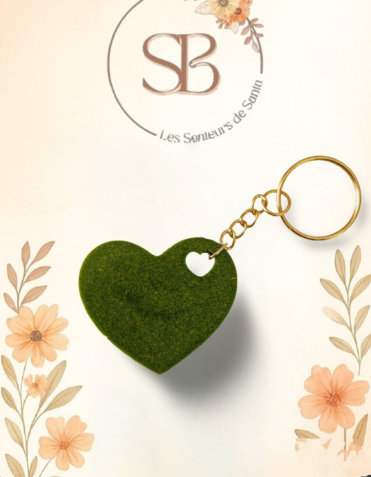 💚Porte-clé cœur vert paillette doré en résine époxy 💚
